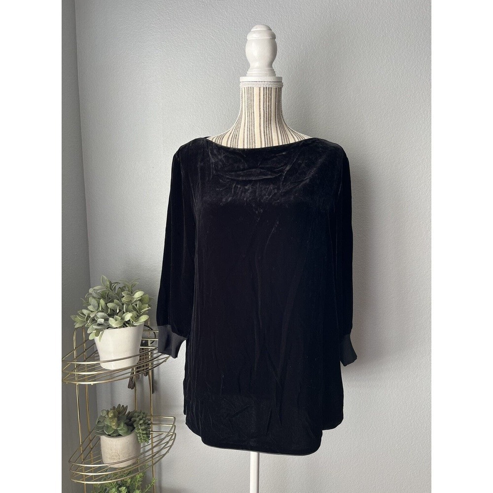 LAFAYETTE 148 Womens Rayon Silk Velvet Tunic Top Sz Small Black 3/4 Sleeve